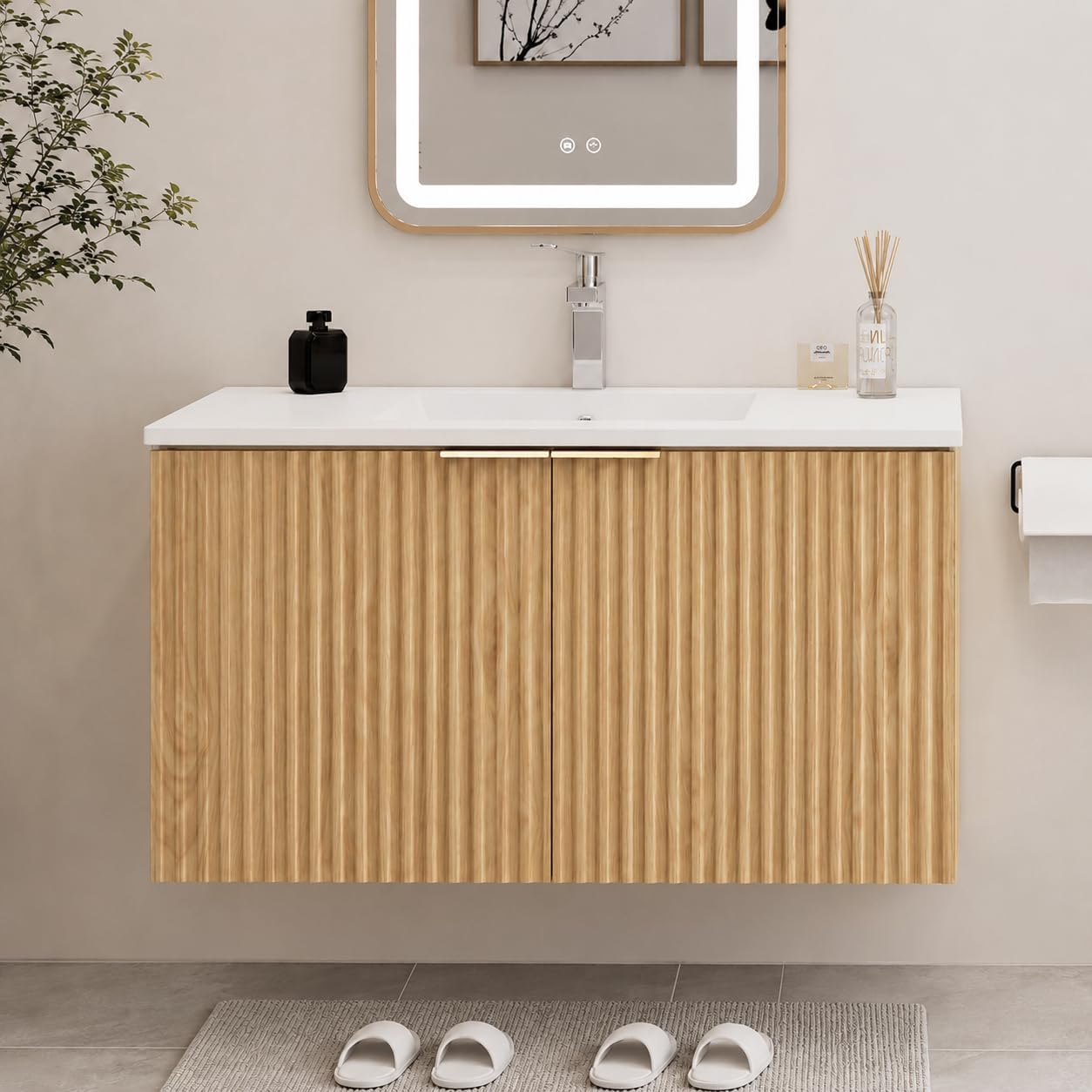 Soft Close Hinge - Moderne zwevende badkamermeubel met golvende, gestructureerde