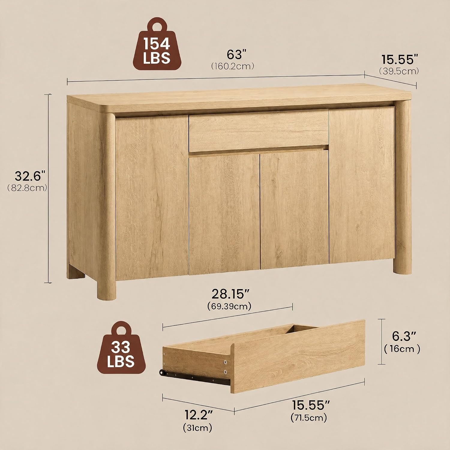 63 inch sideboard met lade, ho - Soft Close Hinge recensie en prijs